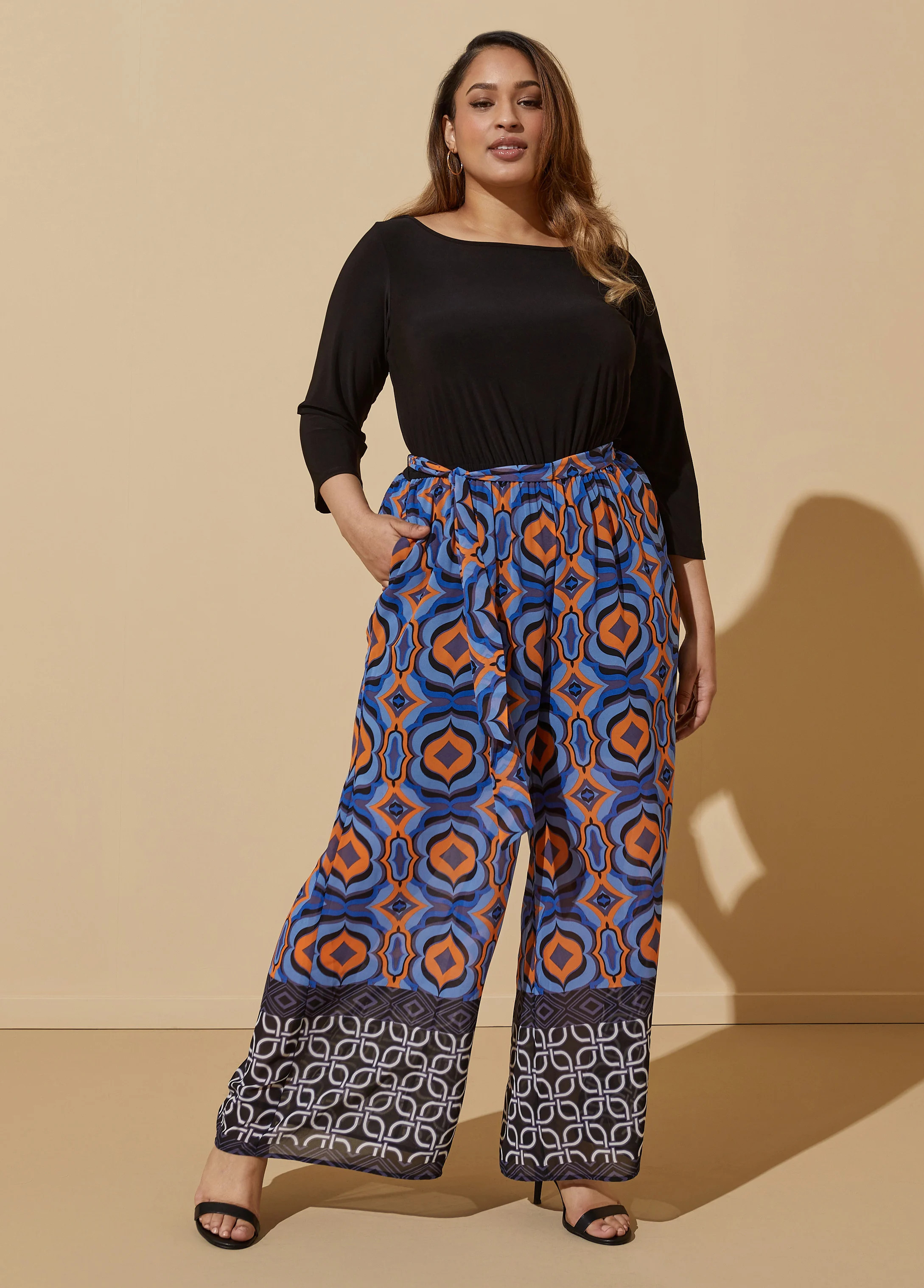 Printed Paneled Wide Leg Jumpsuit | Ashley Stewart