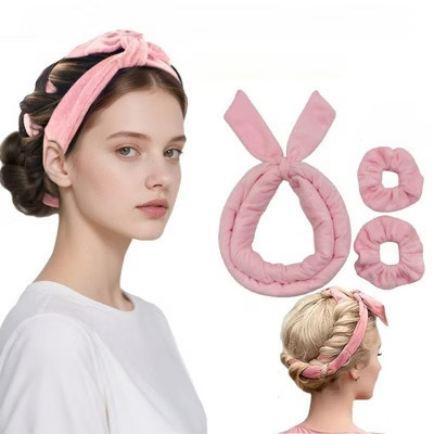 Anna-Kaci Plush Heatless Curling Headband Set with Scrunchies for Soft, Damage-Free Curls - Pink | Target