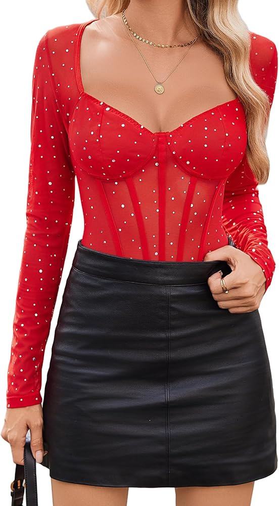 Avidlove Women Long Sleeve Bodysuit Sparkle Body Suits Top Mesh One Piece Leotard Shirt Going Out... | Amazon (US)