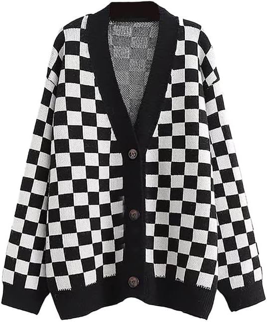 CORIRESHA Women's Fall Checkered Long Sleeve Cardigan Sweet Cute Cozy Knit Sweater Coat | Amazon (US)