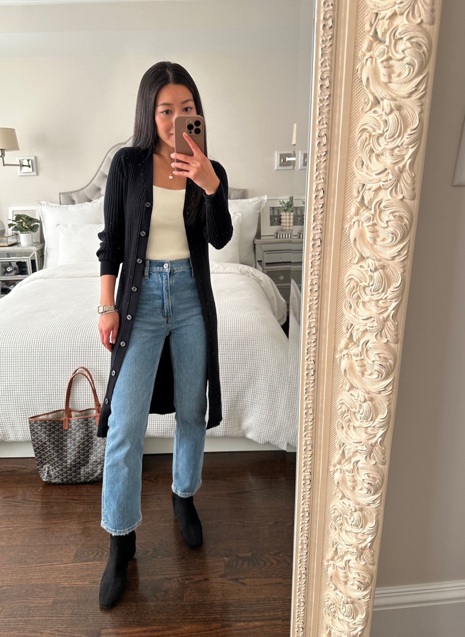 Smart casual outfit with straight jeans.

For winter I’d wear slim shaft booties like these, or pair with black loafers like my Sam Edelman ones.

• Edited Pieces cardigan dress xxs (at editedpieces.com) can be worn as a sweater dress too!
• Reformation rib tank xs
• Abercrombie jeans 24 short in medium wash
• Ann Taylor booties size 5. I also have the blade heel booties linked and they are genuine leather instead of faux and are so chic and modern! Also fits well under straight jeans 
• Goyard St. Louis pm tote bag 

#smartcasual #cardigan #sockboots #straightjeans #petitejeans petite outfits 

#LTKstyletip #LTKworkwear #LTKsalealert