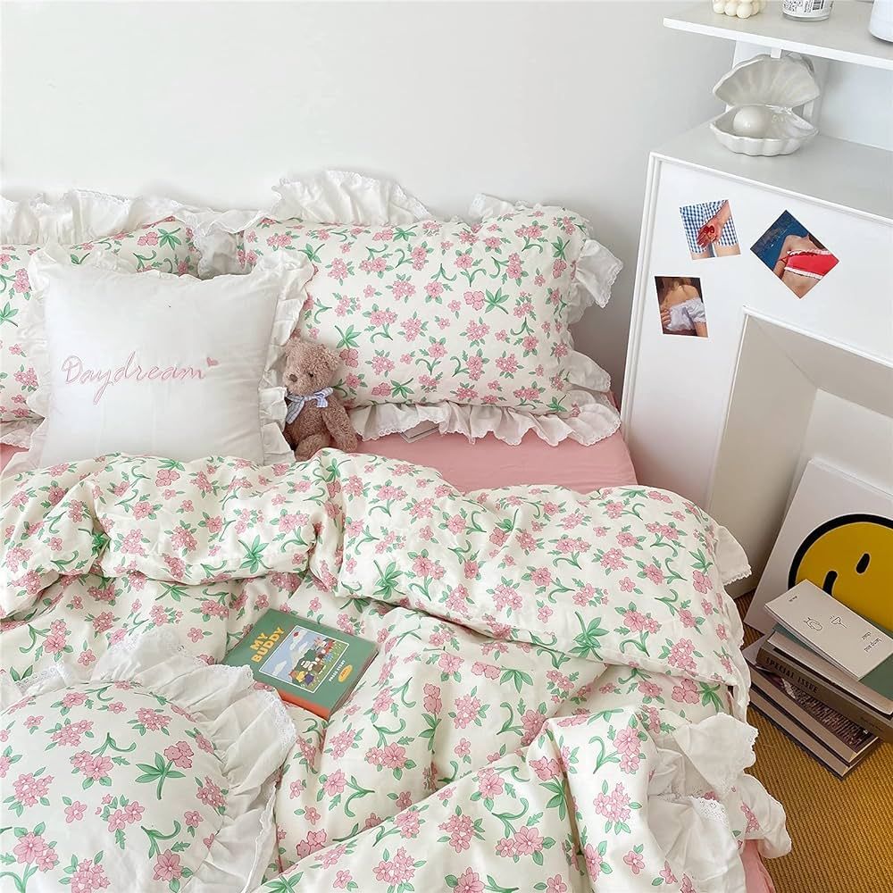 VM VOUGEMARKET Pink Flower Duvet Cover Set Queen Ruffle Lace Girls Bedding Set,100% Cotton Prince... | Amazon (US)