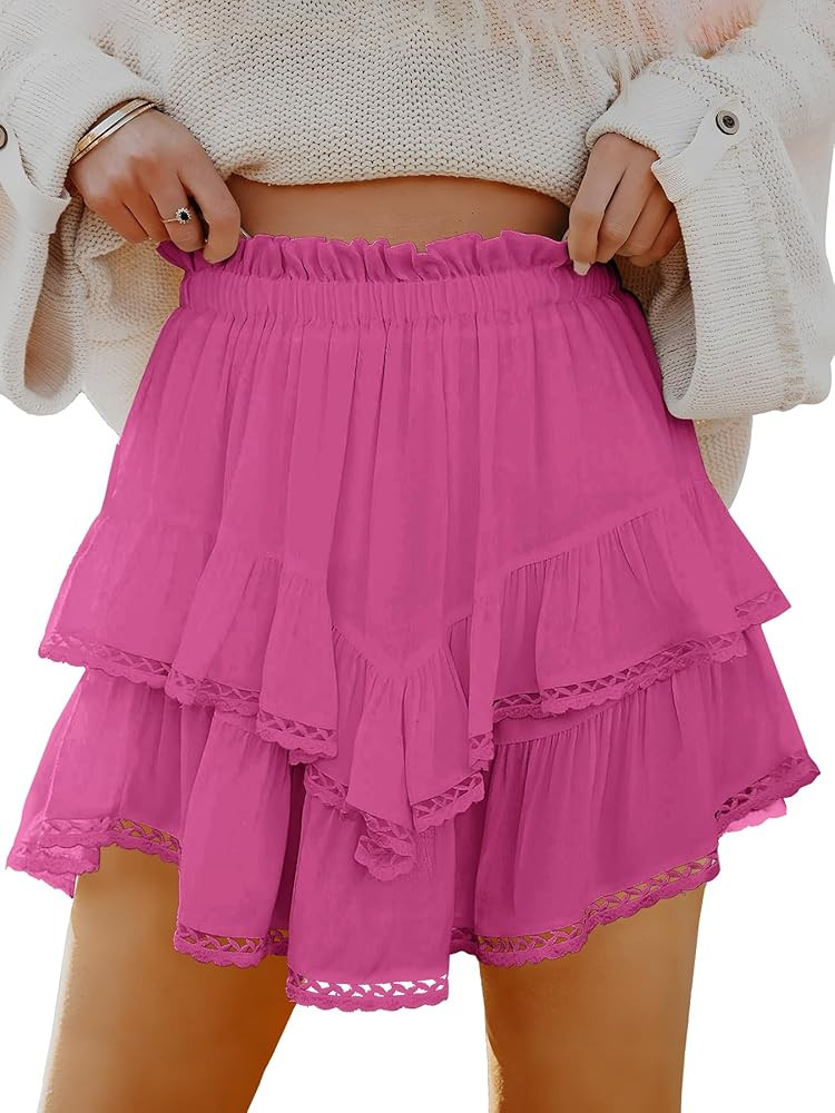 Caracilia Mini Skirts for Women Summer Casual Boho Crochet Ruffle Flowy Skirt Built in Shorts 202... | Amazon (US)