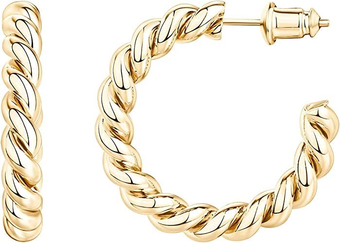 PAVOI 14K Gold Plated Twisted Rope Round Hoop Earrings in Rose Gold, White Gold and Yellow Gold | Amazon (US)