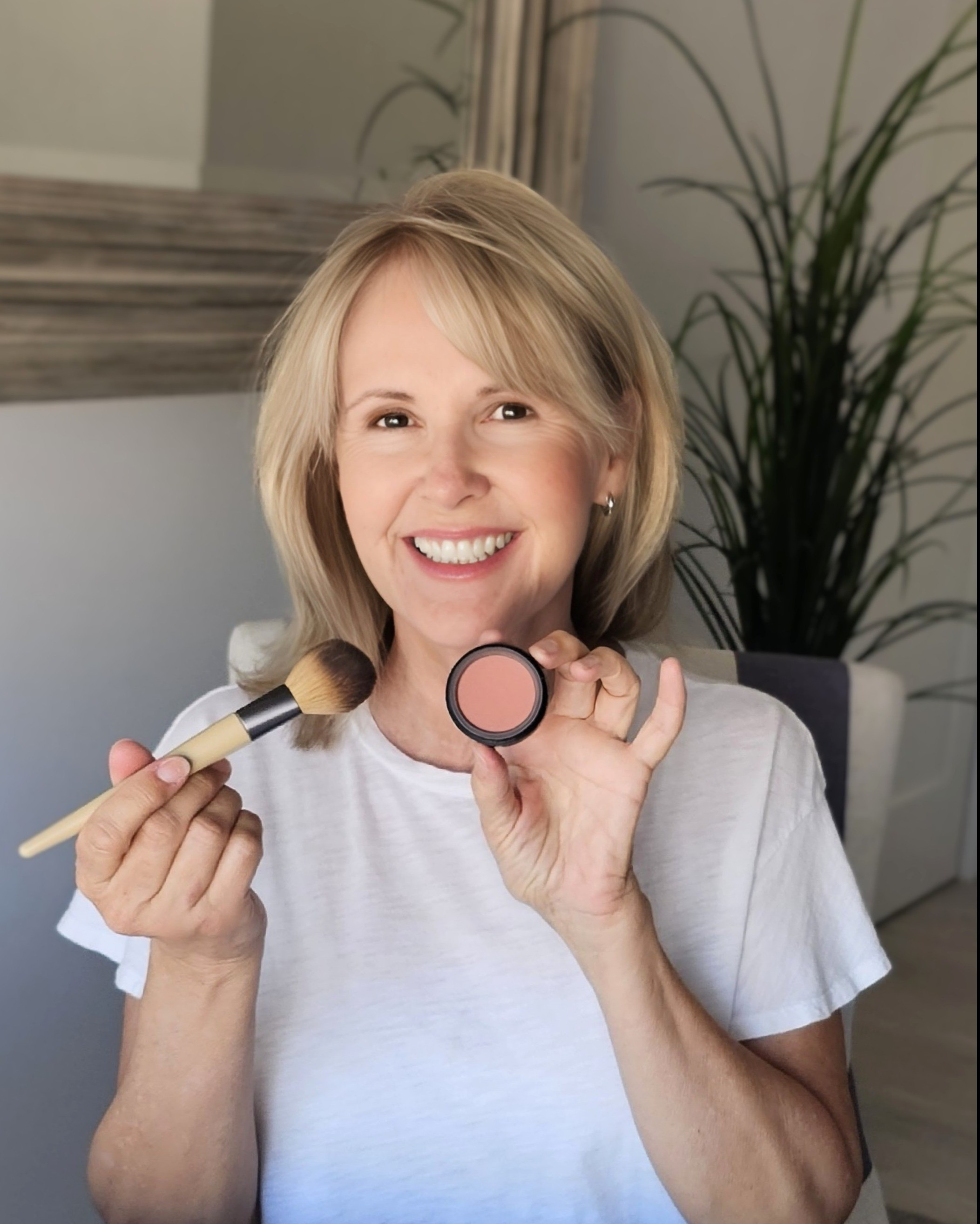 I love the clean ingredients in Gabriel Cosmetics. This beautiful blush is infused with jojoba oil and goes on beautifully! I'm wearing the color Rose. My blush brush is from Eco Tools. It has a lightweight bamboo handle and soft bristles. It's also the perfect shape for creating a natural blush. #cleanbeauty

#LTKOver40 #LTKBeauty