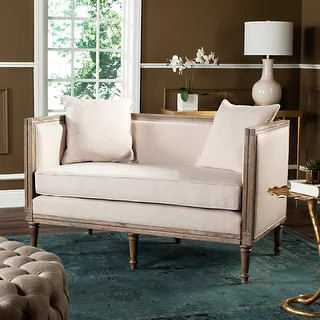 SAFAVIEH Leandra Beige / Rustic Oak Rustic French Country Settee - 53" x 28.8" x 31.5" - 53" x 28... | Bed Bath & Beyond