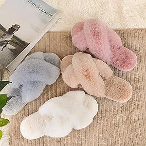Women's Cross Band Slippers Soft Plush Furry Cozy Open Toe House Shoes Indoor Outdoor Faux Rabbit... | Amazon (US)