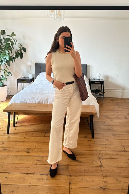 An OOTS for meetings in London wearing my Soeur knitted cream tank, mother cream wide leg jeans and new suede black flats from Flattered. 

#LTKSeasonal #LTKFind #LTKstyletip
