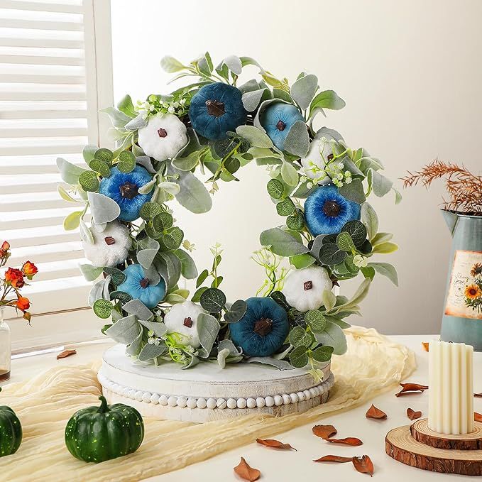 15.7 Inch Fall Pumpkin Wreath for Front Door Blue and White Pumpkins Autumn Wreath with Hooks Tha... | Amazon (US)