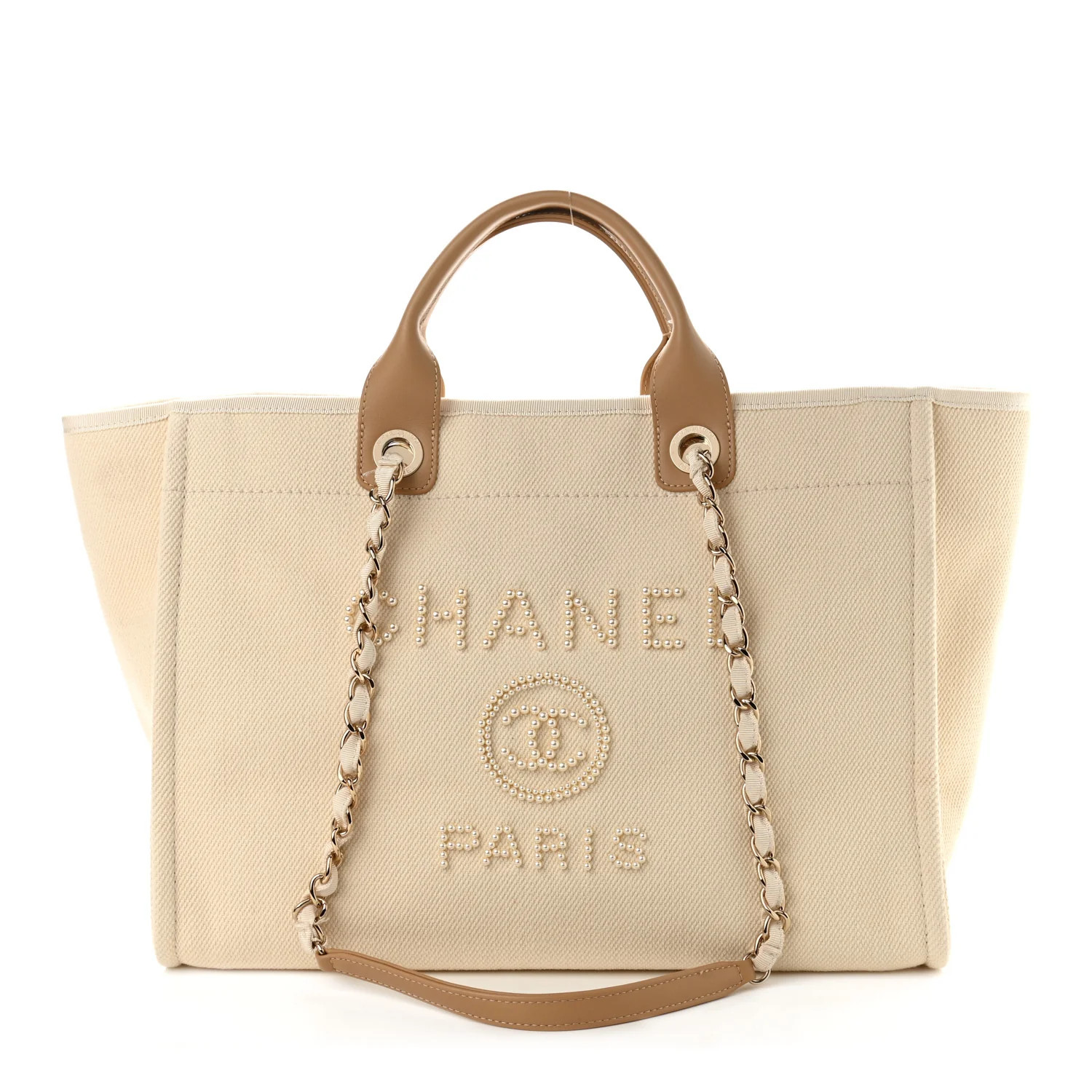 CHANEL Canvas Pearl Medium Deauville Tote Ecru Beige | FASHIONPHILE | Fashionphile