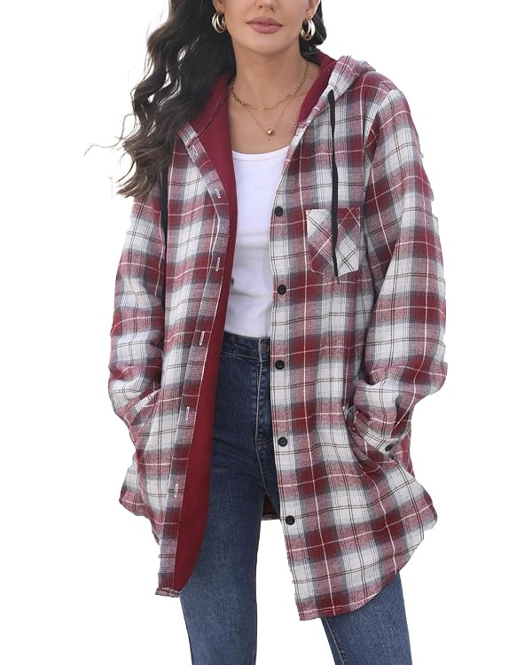 HOTOUCH Womens Fleece Lined Plaid Shacket Jacket Hoodies Flannel Button Down Boyfriend Shirts Win... | Amazon (US)