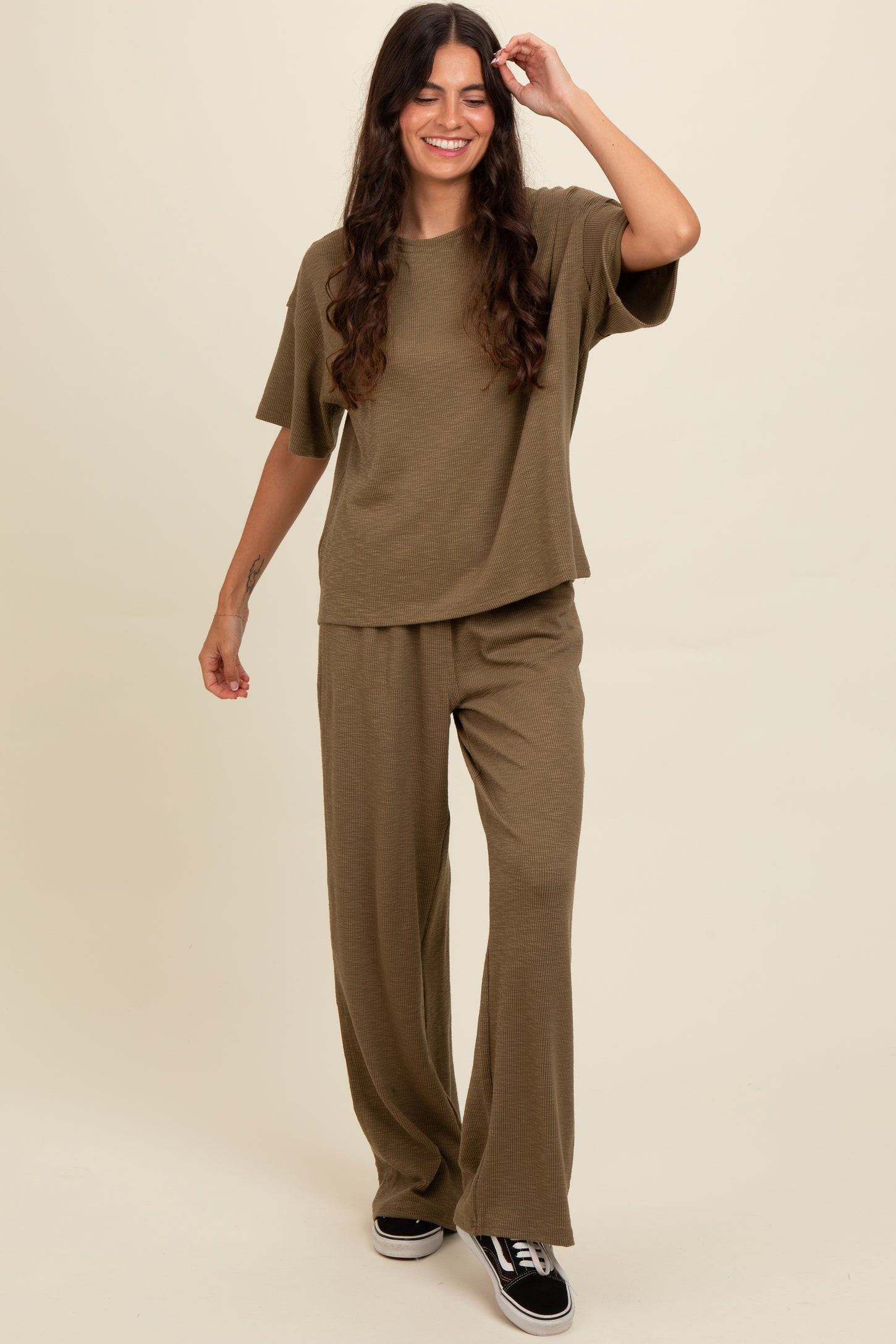 Olive Textured Knit Oversized Tee And Pants Set | PinkBlush Maternity
