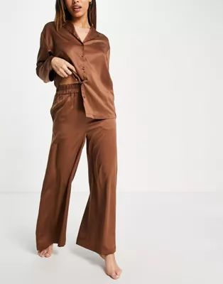 Topshop satin shirt & trouser pyjama set in chocolate | ASOS (Global)