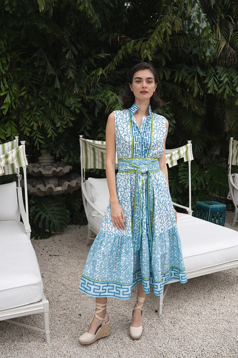 Meg Braff x SUE SARTOR Sleeveless Flounce | Aqua/Chartreuse Limogerie | SUE SARTOR