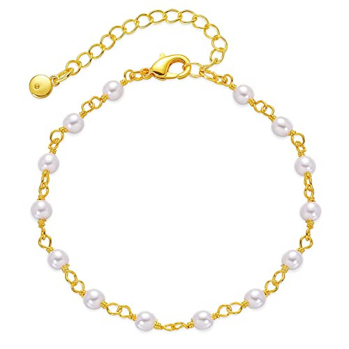 Gold Pearl Bracelet for Women 18 Gold Plated Dainty Pearl Bracelet Link Chain Bracelet for Women Teen Girls, Adjustable, Handmade Bracelet | Amazon (US)