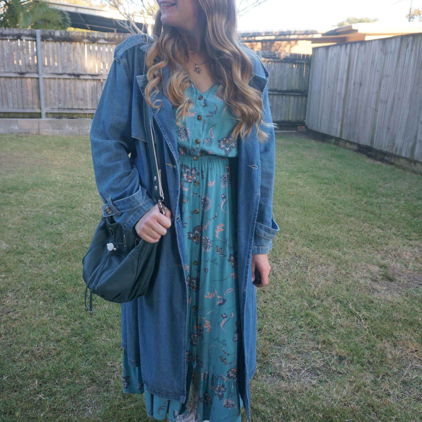 Kmart Anko denim trench coat with thrifted floral maxi dress and vintage Mimco cocoon bucket bag 💙💚

#LTKaustralia #LTKspring #LTKbag