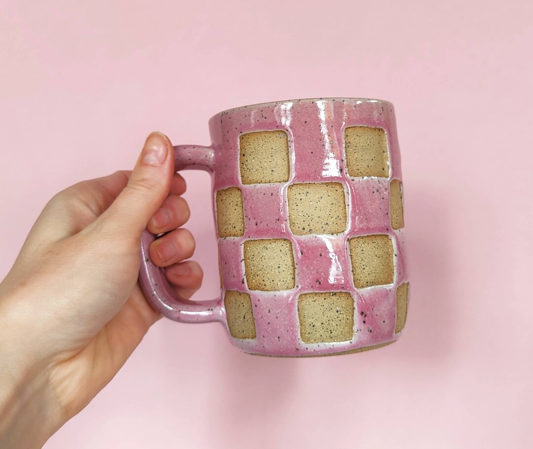 Pre Order Checkerboard Mug in Glossy Pink // Handmade Ceramic Pink Check Mug - Etsy | Etsy (US)