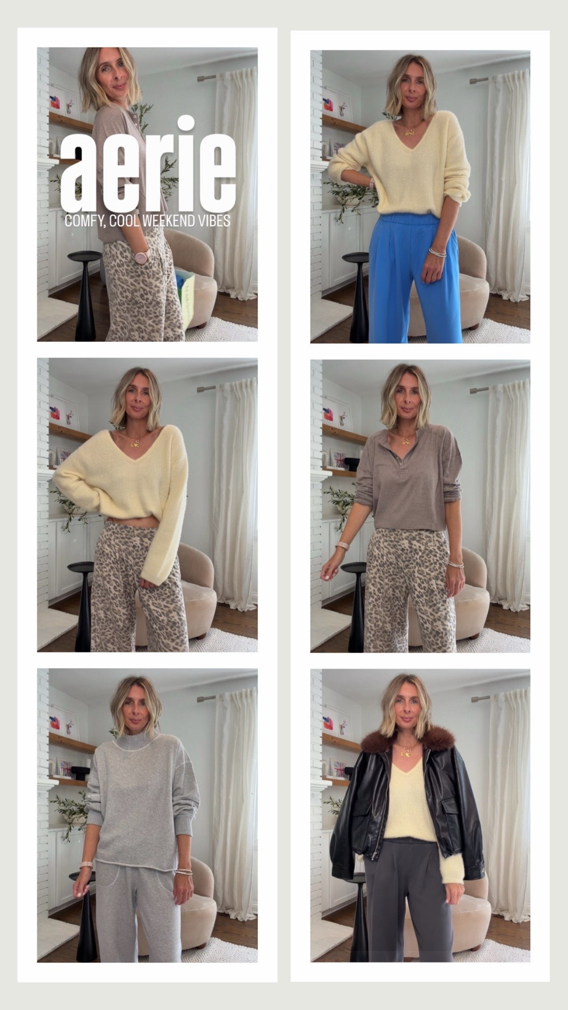 30-50% off at @Aerie right now.  my #1 for comfy + cool style! sizing below for you. x

LEOPARD, BLUE + BLACK WIDE LEG PANTS - size small, regular length. available in long + short too! 🙌 my all time favorite effortless sweats. so bloody cool and so easy to style. perfect weekend vibe! 

YELLOW SWEATER - medium. this is a target sweater but works so well with the wide leg sweats. and, is the softest thing you’ll ever put on your body! 😮‍💨 

GREY JOGGERS - small. the stitching on these joggers makes allll the difference. love ‘em!

GREY SWEATSHIRT - i don’t often go for this style, but i reaaaallly love this sweet together. it just works. 👌 

WHITE CROPPED TEE - medium. this is free people. 

HEATHER’S’S TAPER HENLEY - medium. lightweight fabric. perfect shape. need one in every color!

FAUX LEATHER JACKET - small. this is from h&m. target tried to dupe it, but this is waaaaay better! 👌 

✨✨✨✨✨✨✨✨✨✨✨✨

comfy cool style. comfy set. fall fashion 2026. effortless style. midlife style. over 40 style. fall style. aerie style. weekend outfit. casual outfit. cool mom style. fall fashion 2026. midlife style. faux leather jacket. vegan leather jacket.