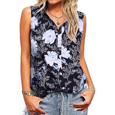 Zeagoo Women's Button Down V Neck Tank Tops Loose Casual Office Sleeveless Shirts Blouses-Clear Blue-XXL | Target