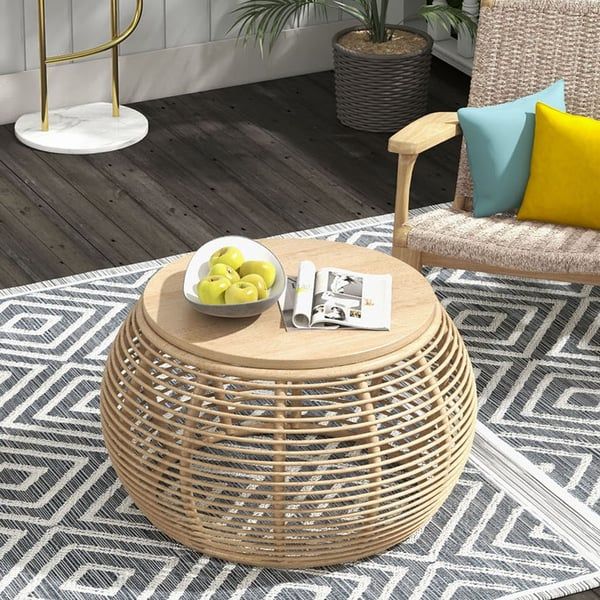 Martic Modern Aluminum & Rope & Faux Marble Top Outdoor Patio Coffee Table in Black | Homary