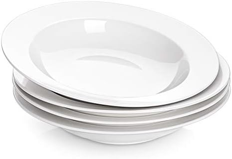 DOWAN Soup and Pasta Bowls Set of 4, White Porcelain Wide Rim Salad Plates, 20 Ounces, Microwave ... | Amazon (US)