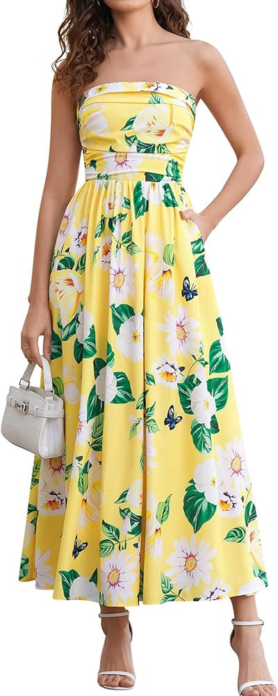 HTZMO Floral Tube Maxi Sundress Women Summer Wedding Guest Flowy Long Dress with Pockets Removabl... | Amazon (US)