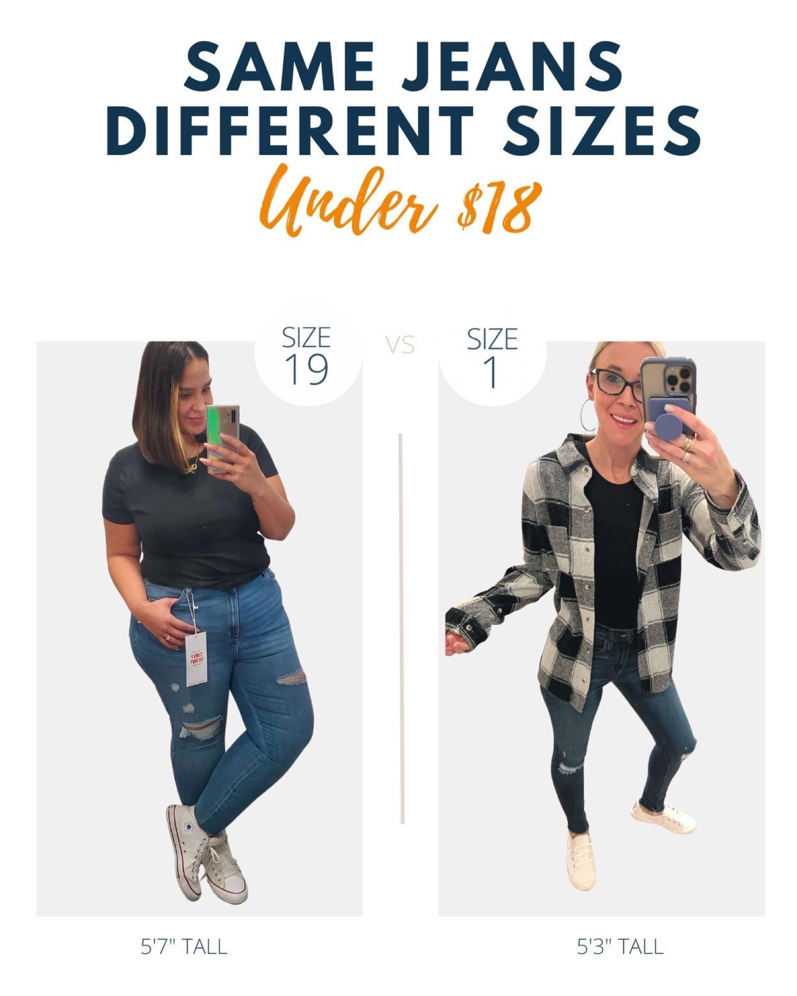 Oh how we love seeing the same piece of clothing on two different body types! 😍🫶🏼 Since these are junior sizes Rachel sized up to a 19 from her regular 16 size and Collin is wearing a size 1 which is pretty true to size for her petite frame. Both of them are rocking these jeans in two different washes and we love that they’re under $20!!! 🤩🔥🙌🏼

#LTKunder50 #LTKstyletip #LTKfit