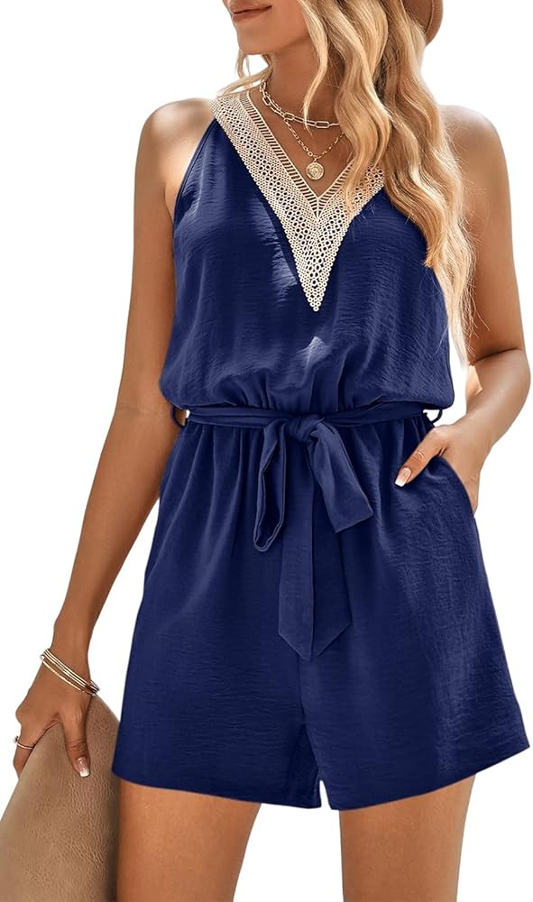 PRETTYGARDEN Women's Summer Sexy V Neck Romper 2023 Fashion Sleeveless Casual Waist Tie Short Jum... | Amazon (US)
