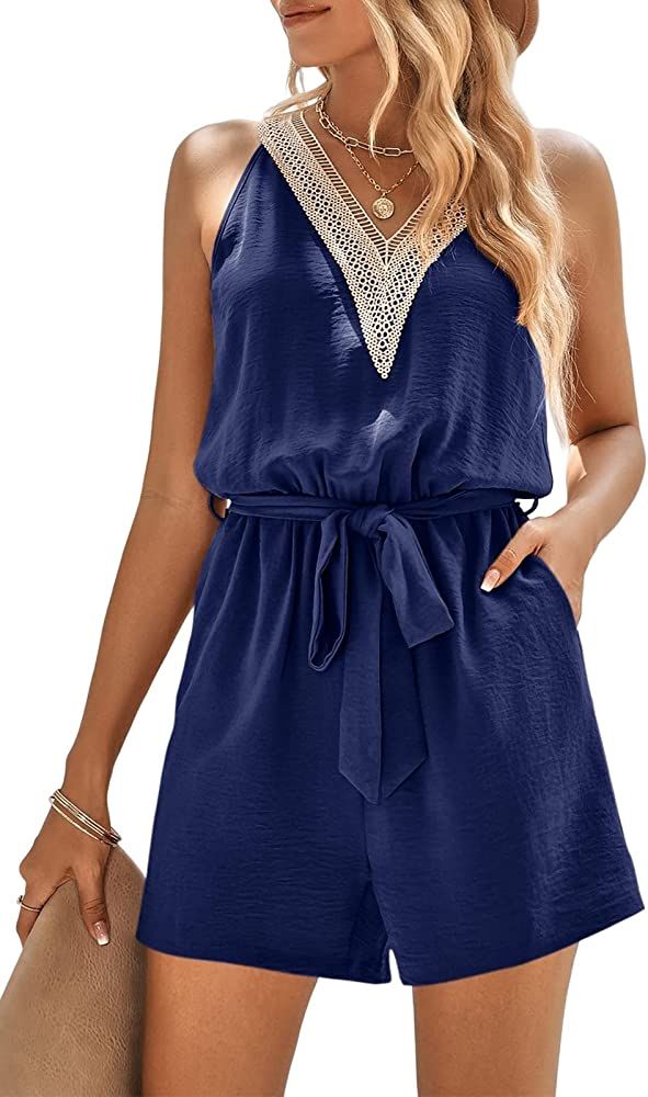 PRETTYGARDEN Women's Summer Sexy V Neck Romper 2023 Fashion Sleeveless Casual Waist Tie Short Jum... | Amazon (US)