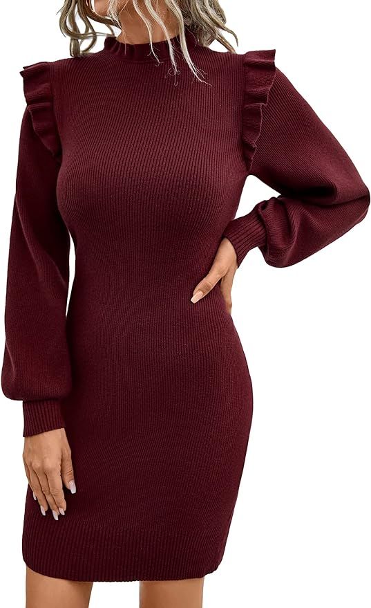 Blooming Jelly Womens Mini Sweater Dress Mock Neck Ruffle Long Puff Sleeve Ribbed Casual Bodycon ... | Amazon (US)