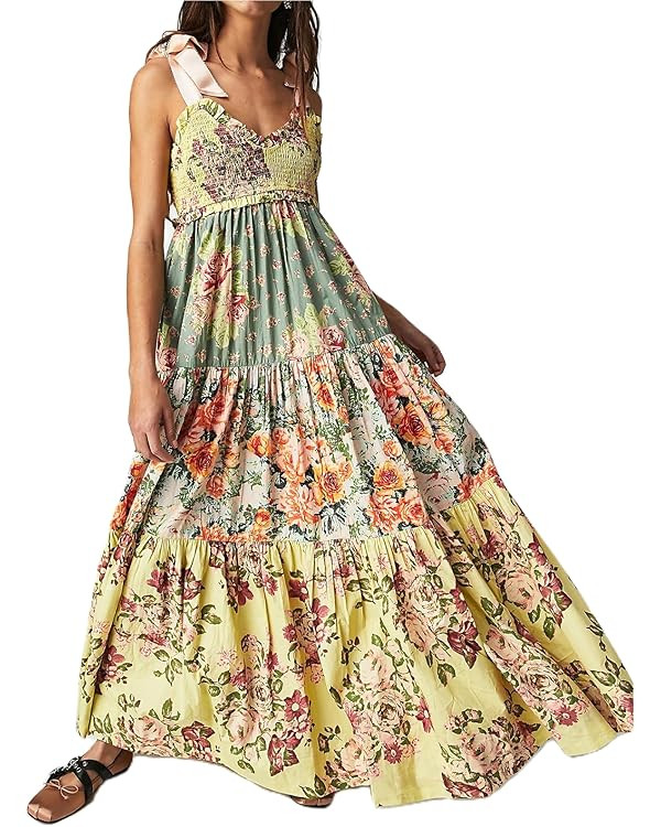 Women Summer Dresses Flowy Smocked Maxi Dress Sleeveless Tie Shoulder Boho Dresses Y2K Floral Bea... | Amazon (US)