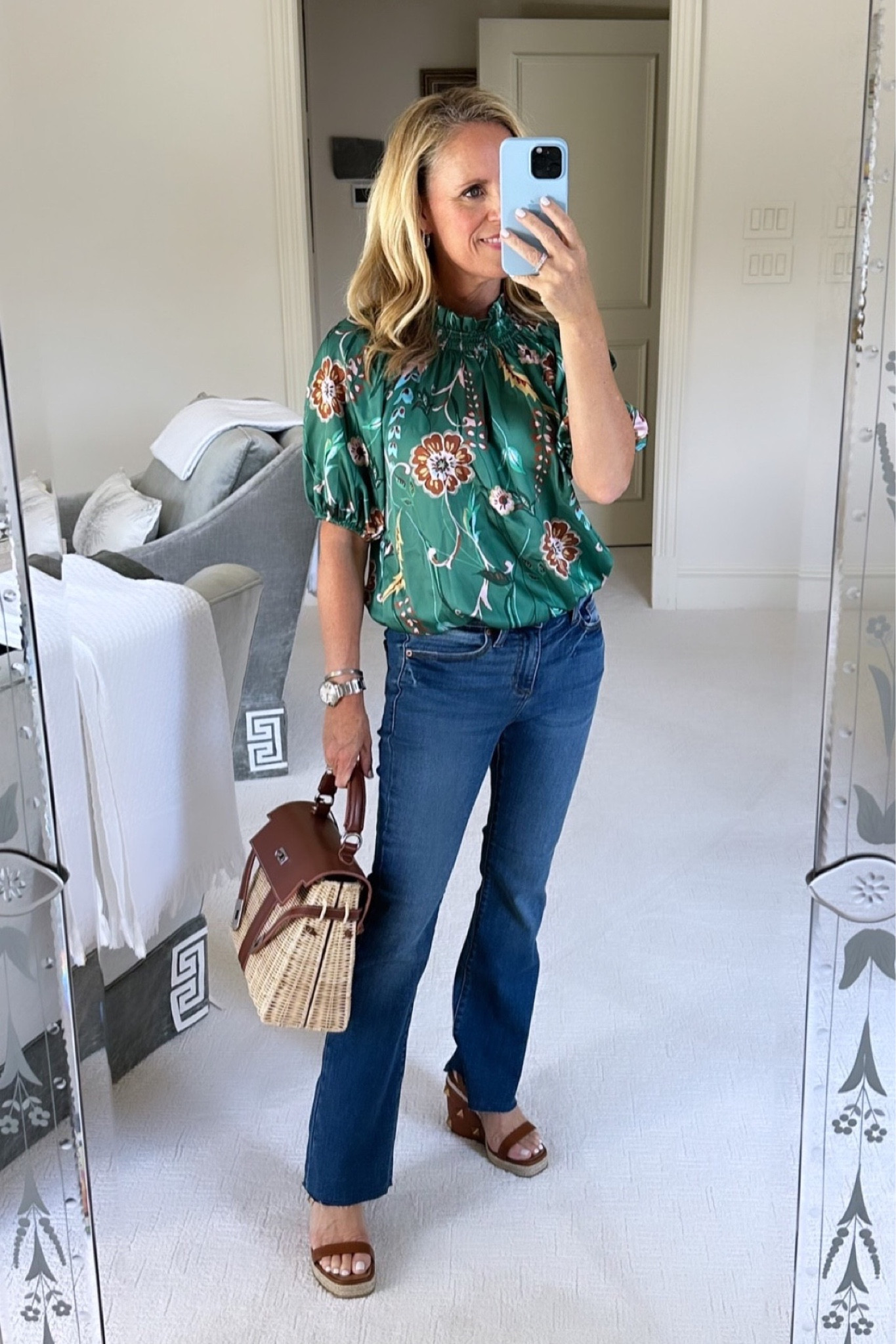 Green is a beautiful color that transitions easily with the weather.   Paired with your favorite dark jeans for a pulled together look for Fall.

Emerald green floral, silky top
Dark wash, straight leg jeans 
Both fit true to size under $100 
Date night look 

#LTKSeasonal #LTKshoecrush #LTKstyletip
