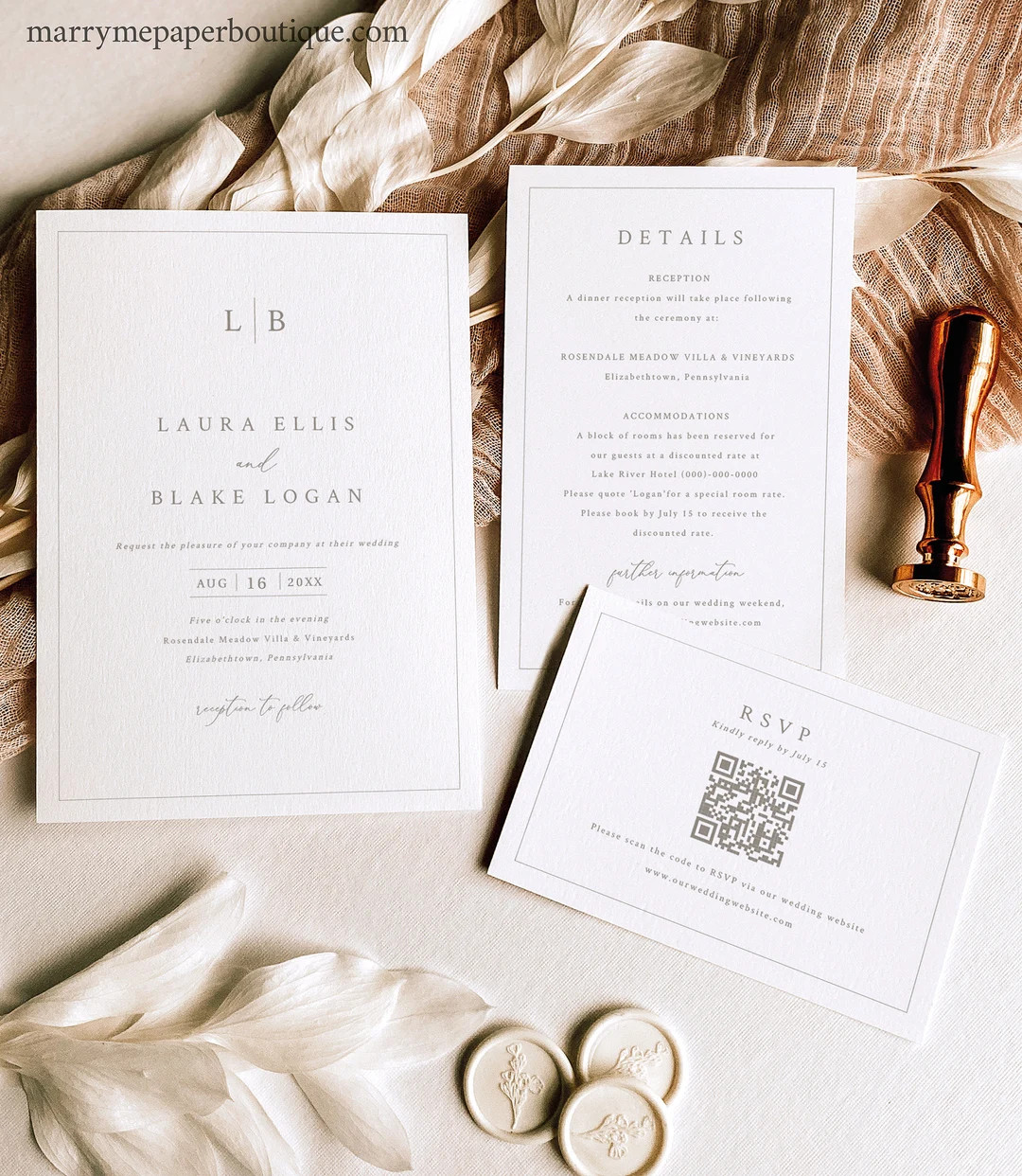 Wedding Invitation Template Set, Monogram & Border, QR Code RSVP, Printable, Editable Wedding Inv... | Etsy (US)