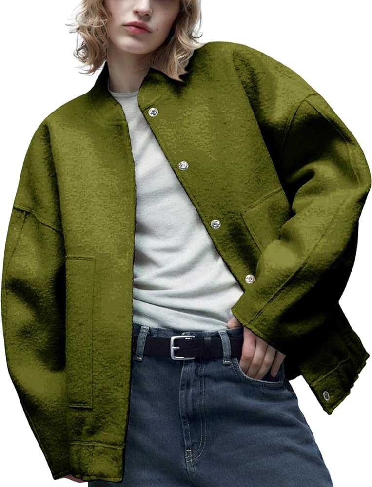 Lentta Women's Wool Blend Jacket Oversized Shacket Casual Button Down Varsity Jacket with Pockets... | Amazon (US)
