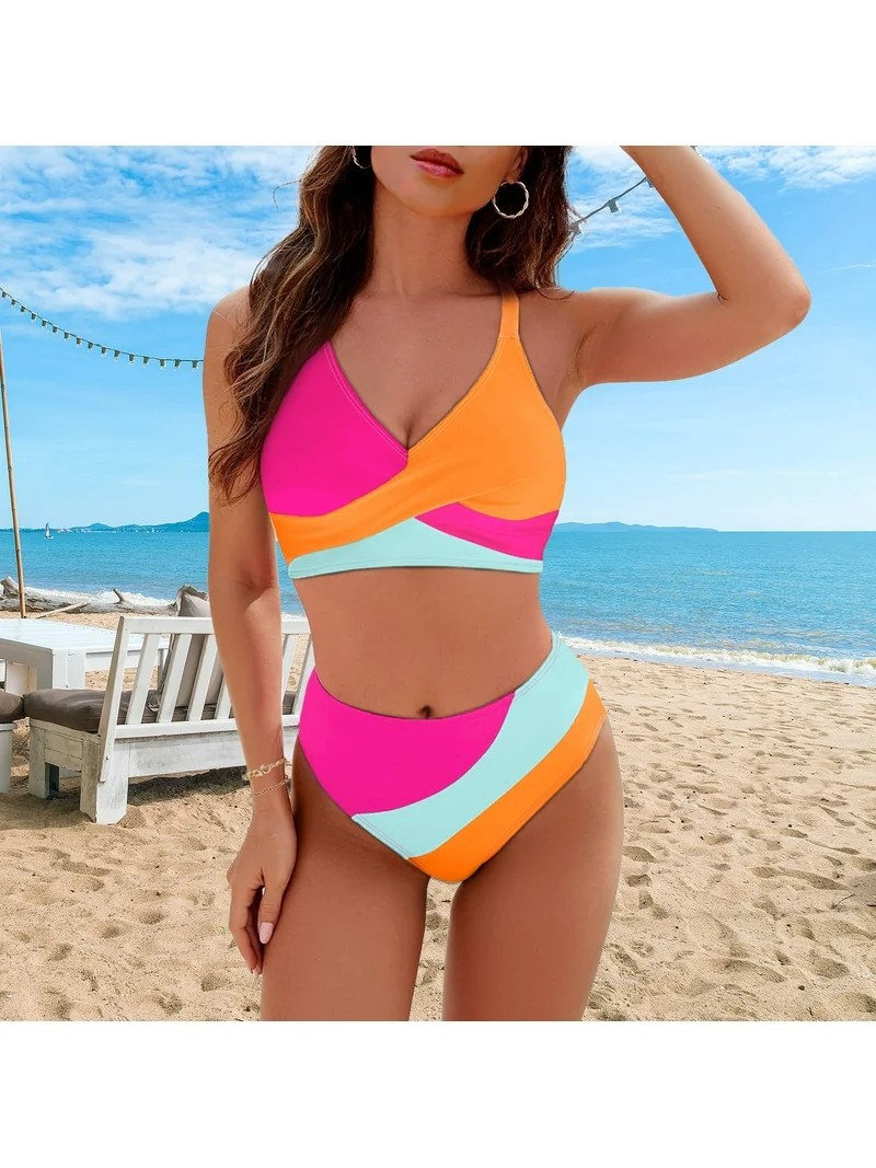 Rosvigor Womens Swimsuits Two Piece Bikini Sets Bathing Suits for Women Summer Color Block Swimwe... | Walmart (US)
