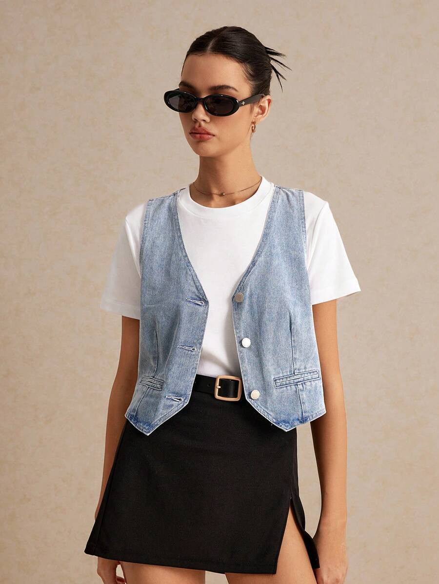 Poéselle Sexy Vacation Style Women's Denim Sleeveless Top | SHEIN
