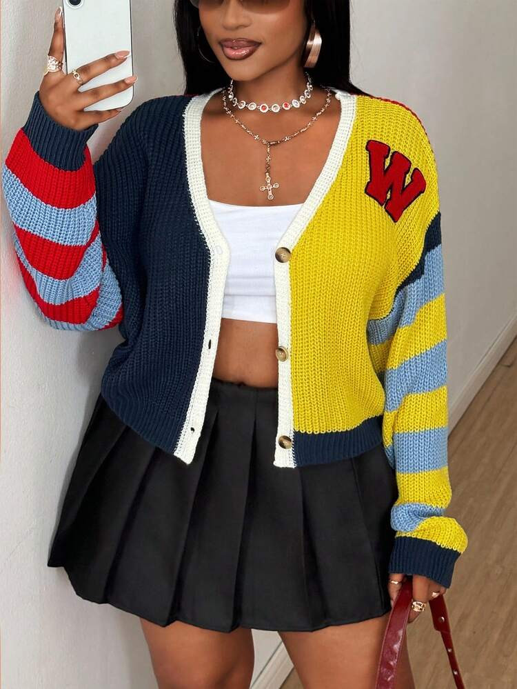 Maweii Plus Size Multi-Color Street Letter Embroidered Short Cardigan Sweater Fall Winter Cloth For Women Autumn | SHEIN