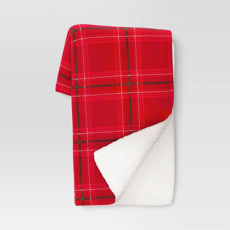 Plaid Printed Plush Christmas Throw Blanket with Faux Shearling Reverse Red - Threshold™ | Target