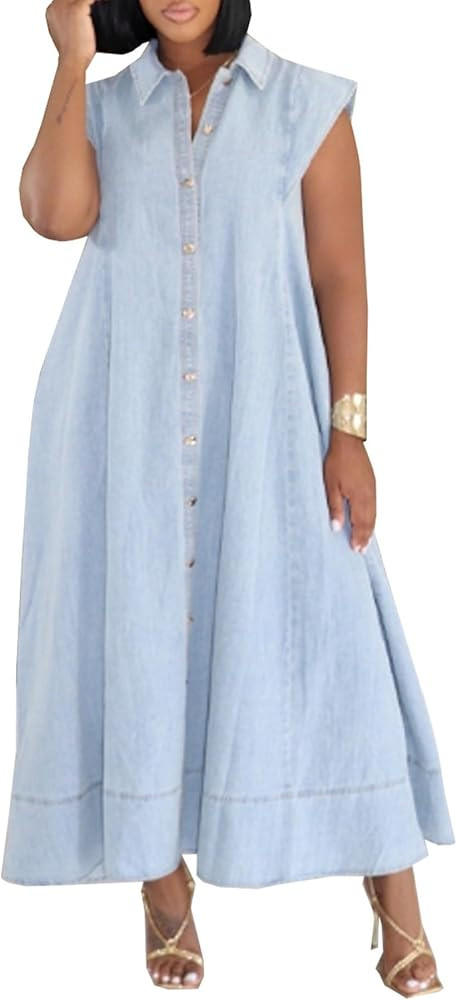 Tcremisa Womens Maxi Denim Dress Casual Retro Sleeveless Button Down Loose Oversized Long Jean Dr... | Amazon (US)