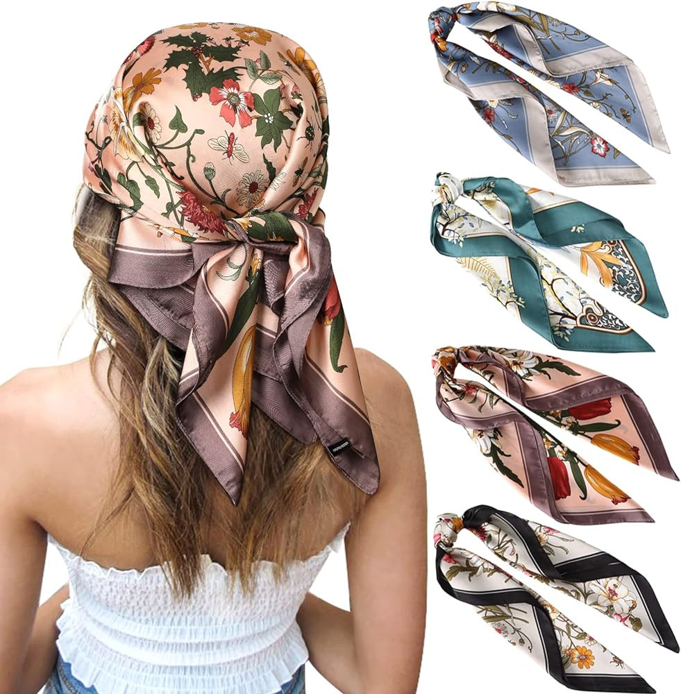 CHLINS 27 Inches Silk Feeling Square Head Scarf - 4 Pcs Satin Square Head Scarves for Women Hair ... | Amazon (US)