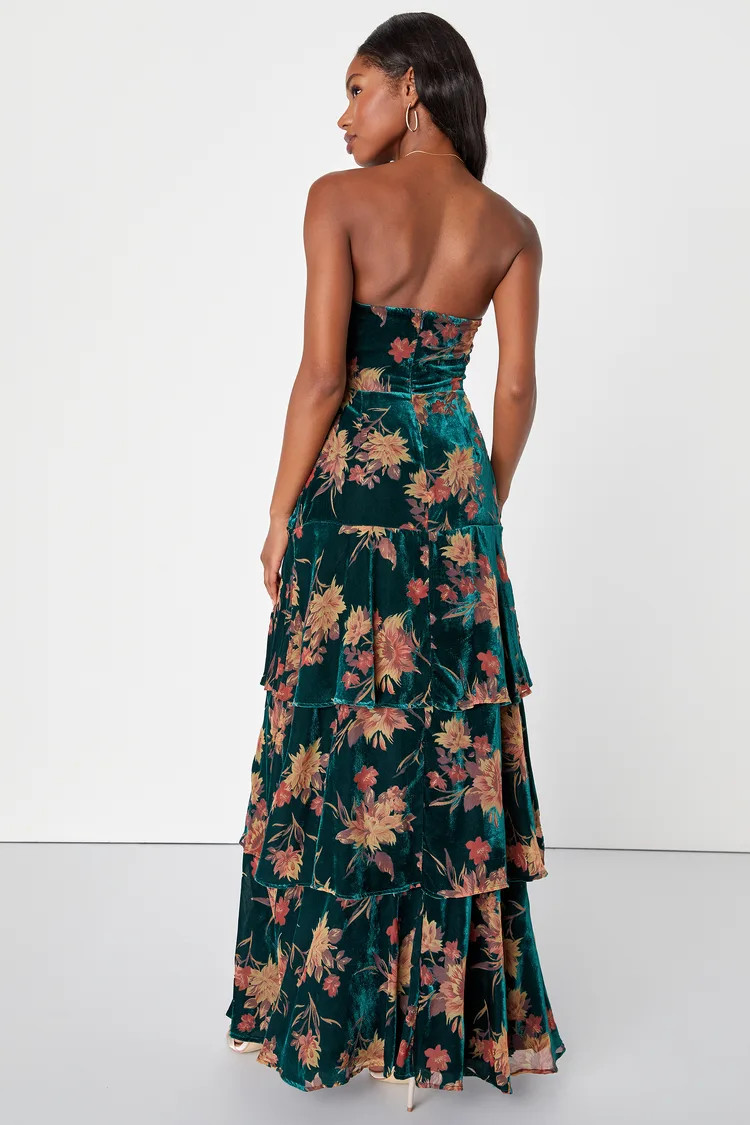 Real Allure Emerald Floral Burnout Velvet Strapless Maxi Dress | Lulus