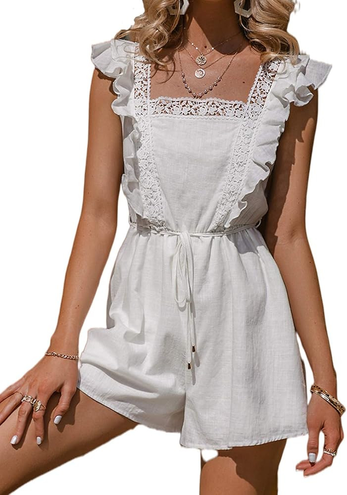 Candacore Women's Casual Lace Ruffle Square Neck Sleeveless Romper | Amazon (US)
