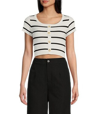 Short Sleeve Stripe Fine Gauge Crop Sweater Top | Dillard's