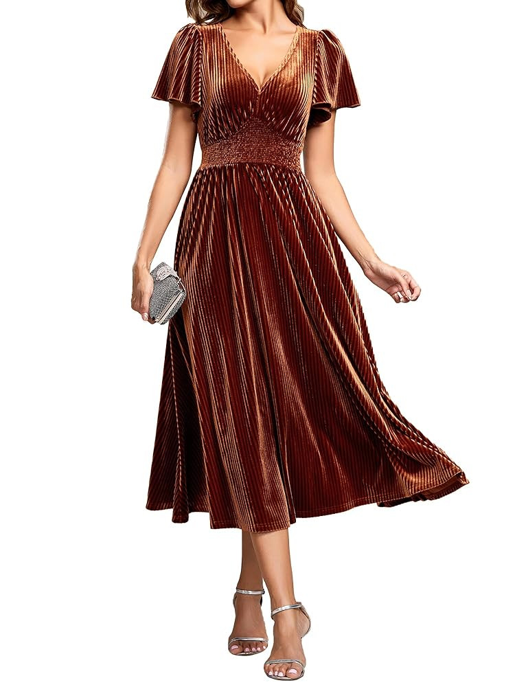 Ever-Pretty Women's Elegant Velvet A-Line Short Ruffles Sleeves Formal Dress | Amazon (US)