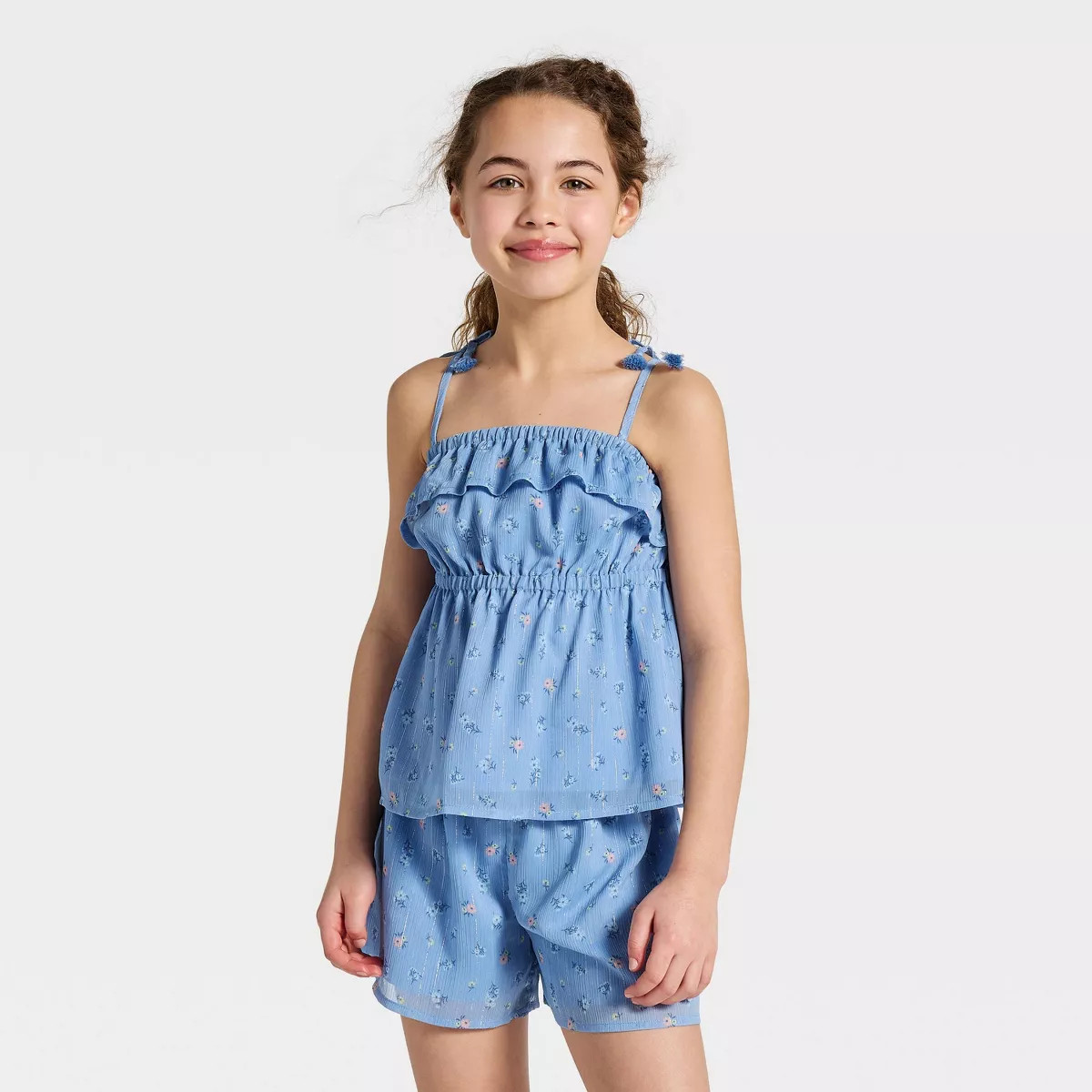 Girls' Floral Printed Chiffon Babydoll Tank Top - Cat & Jack™ Blue M | Target