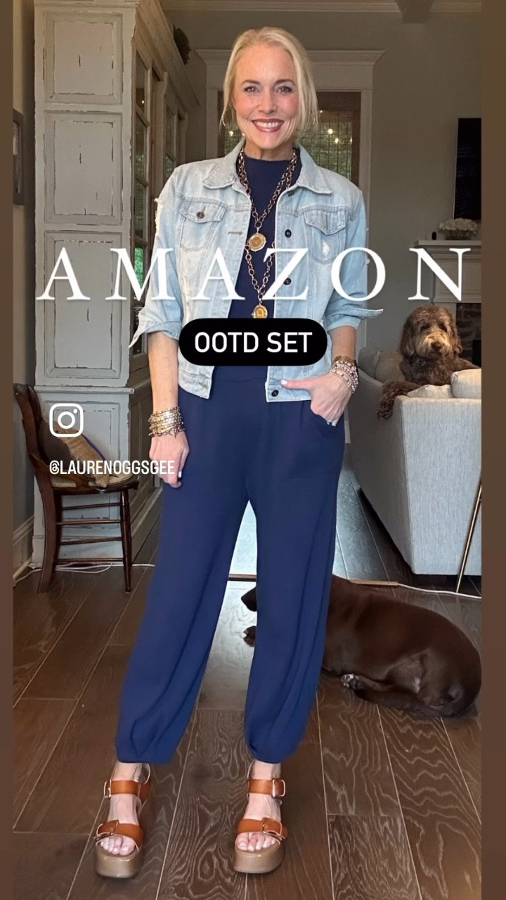 If you've been around for more than a minute, you know my love for this FP Freya-inspired look for less set. I own it in so many different colors and configurations shorts, long sleeves, sleeveless pants all the things. I love to mix and match the items and I also love to wear the tops with pants and skirts for a completely different look. You can also wear the pants with a graphic tea or a sweatshirt or a sweater or a fitted tea. There's just so many possibilities with the sets. 5'8 and in a medium, but I also know a lot of people who are 5' and they wear them as well. It just has a blousier, more harem pant look if you're shorter. Actually, that is very common and much like you see online. It typically runs a tiny bit big, so if you are in between sizes, I would recommend going down one. I have it in a large. I have it in a medium, and I also have them in smalls. I like the medium the best on me.
Have you gotten one yet? Let me know!!!
It just so happens that this is on sale today (4/30), but I do not have any idea how long it will last. Amazon can and does change their promotions and sales and prices all the time without warning.

I've paired it with my favorite soft denim three-quarter length sleeve, distressed jacket, my platform sandals from Walmart, my every day, jewelry and of course my Jennifer Ponson designs.

#LTKover40 #LTKsalealert #LTKmidsize