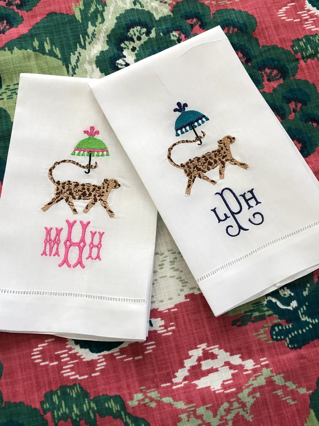 Embroidered Chinoiserie Cheetah with Umbrella Linen Hand Towel | Etsy (US)