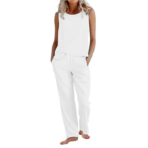 Linen Pants Women Spring Outfits Cotton Linen Sets for Women 2 Piece Summer Plus Size Sleeveless Tank Tops Wide Leg Pants Matching Lounge Set Casual Boho Beach Vacation Clothes Travel Outfits White | Amazon (US)