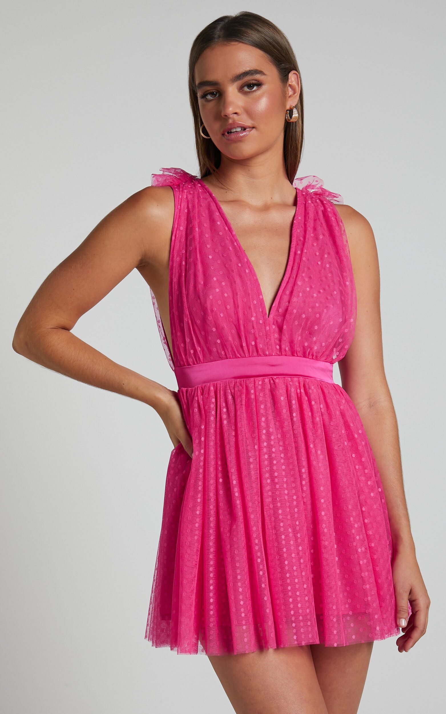 Mariabella Plunge Tulle Mini Dress in Hot Pink | Showpo (US, UK & Europe)