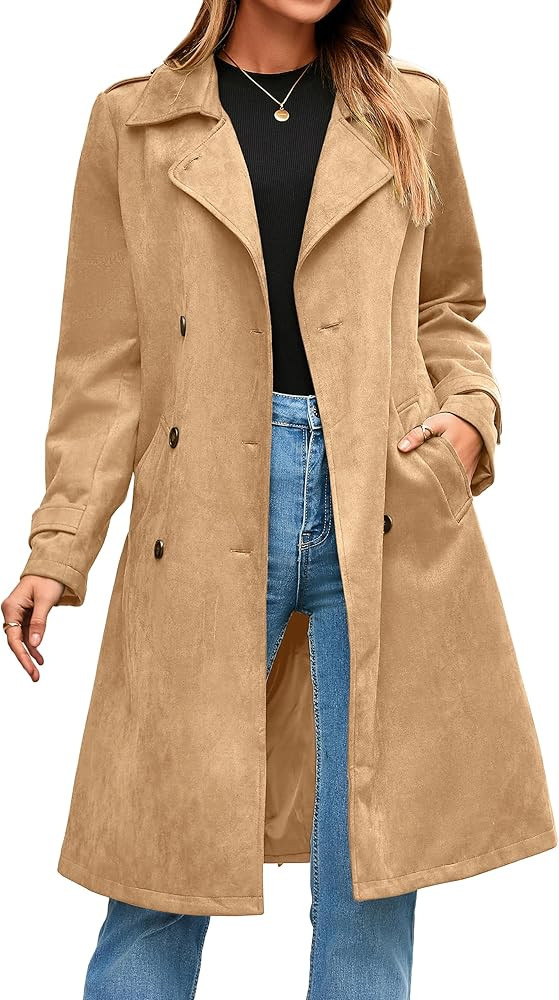 Simplee Womens Long Trench Coat Fall Winter Double Breasted Classic Lapel Slim Work Office Suede ... | Amazon (US)